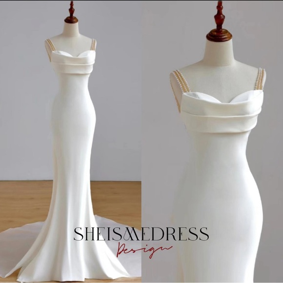 David's Bridal Dresses & Skirts - Pearl Embellished Satin Sheath White Dress